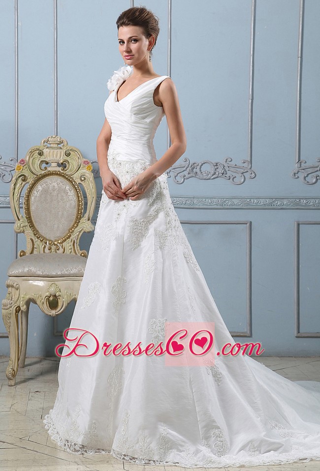 Fashionable V-neck A-line Wedding Dress Lace With Ruched Bodice