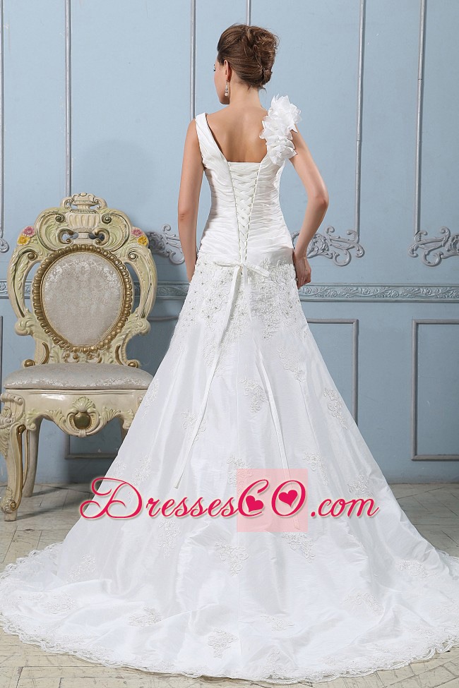 Fashionable V-neck A-line Wedding Dress Lace With Ruched Bodice