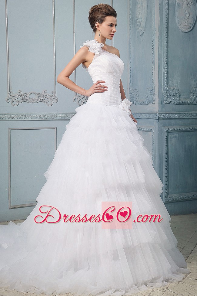 Luxurious Wedding Dress With Ruffled Layered One Shoulder Hand Made Flowers