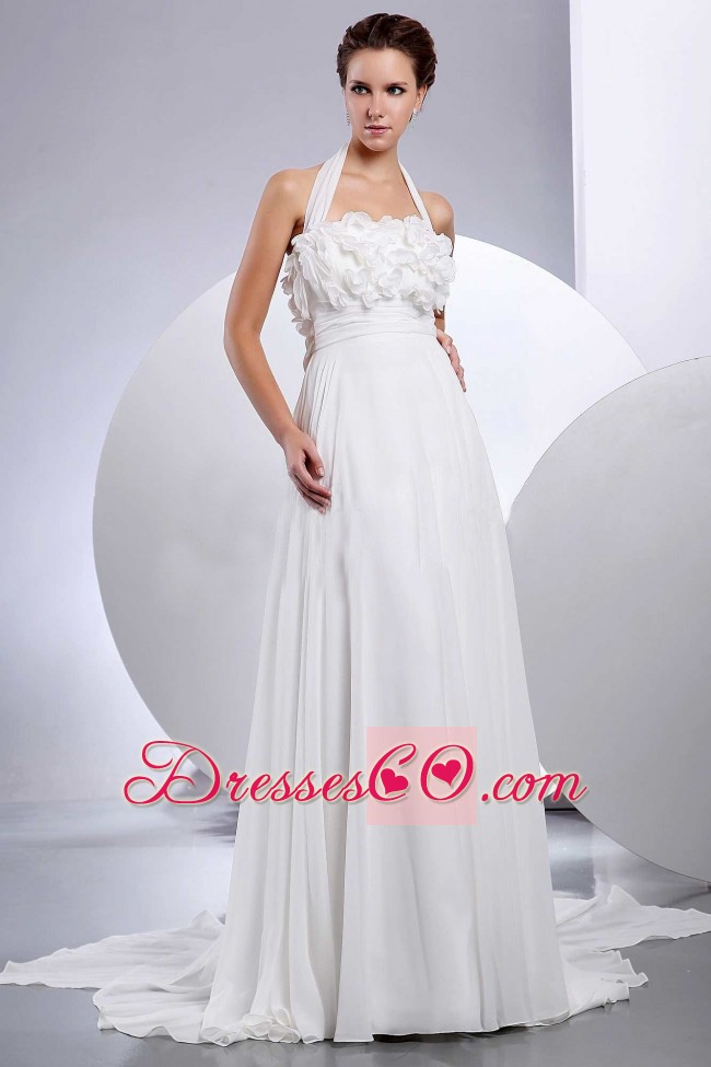 Simple Empire Halter Wedding Dress With Hand Made Flowers and Appliques