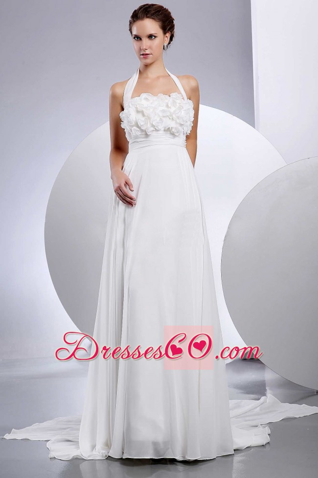 Simple Empire Halter Wedding Dress With Hand Made Flowers and Appliques