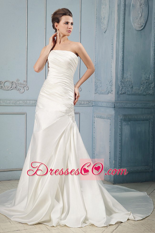 Simple Wedding Dress With Ruching and Appliques Court Train For Custom Made