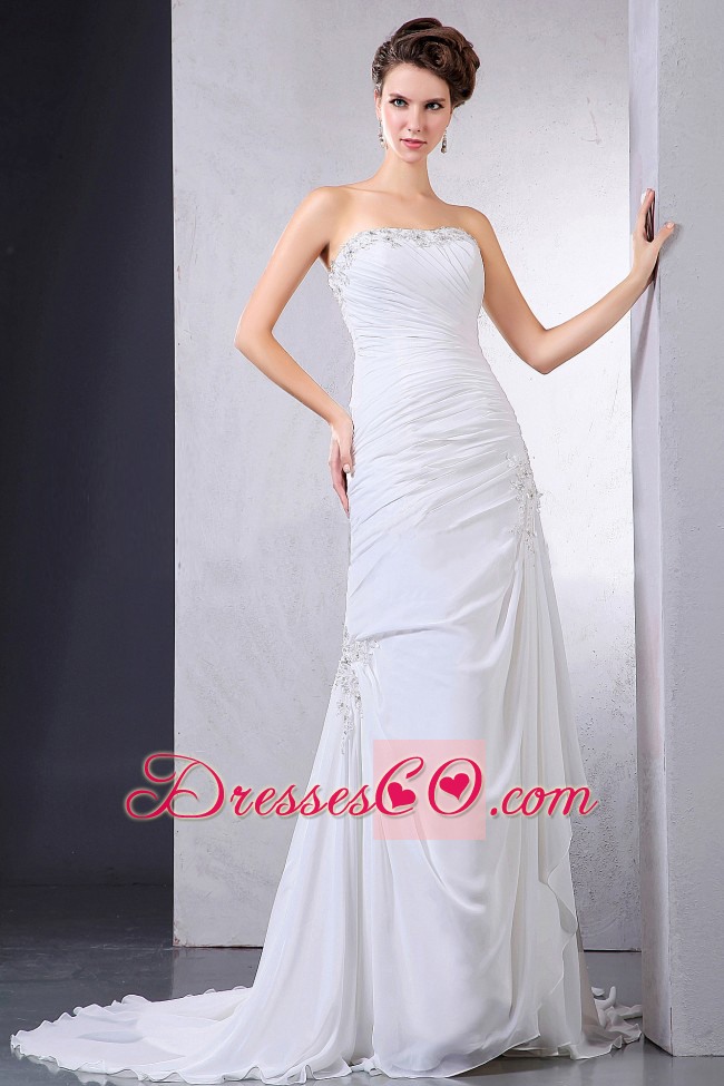 Beautiful Wedding Dress With Appliques and Ruching Court Train Chiffon For Custom Made