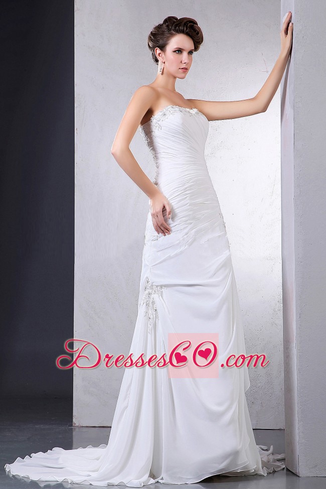Beautiful Wedding Dress With Appliques and Ruching Court Train Chiffon For Custom Made