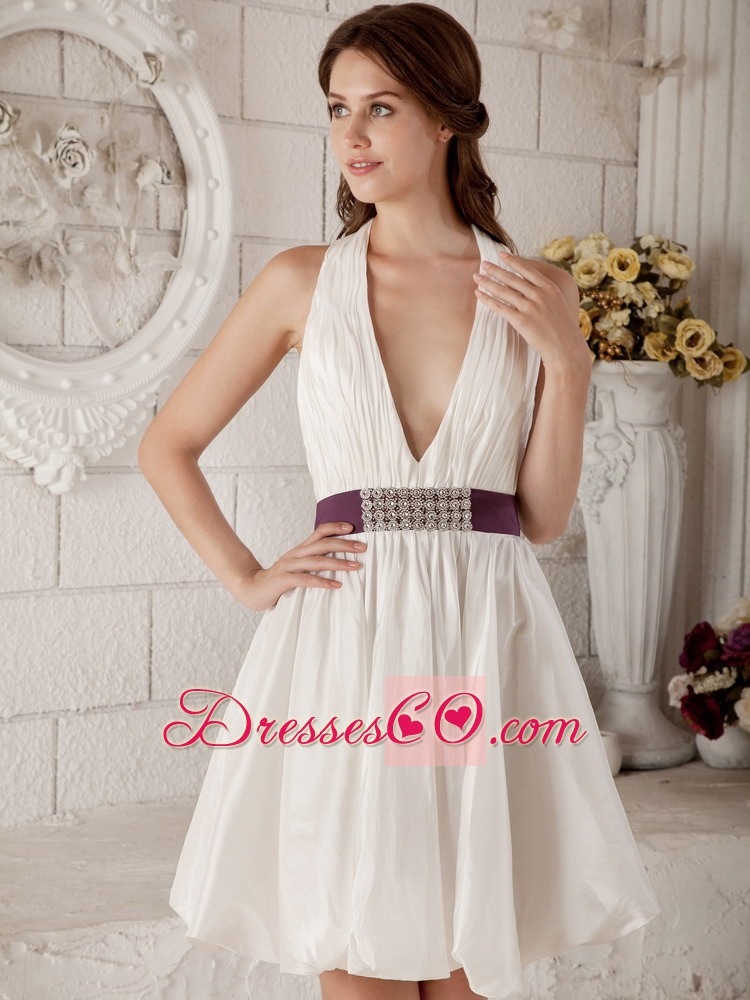 Brand New A-line / Princess Halter Mini-length Taffeta Beading Wedding Dress