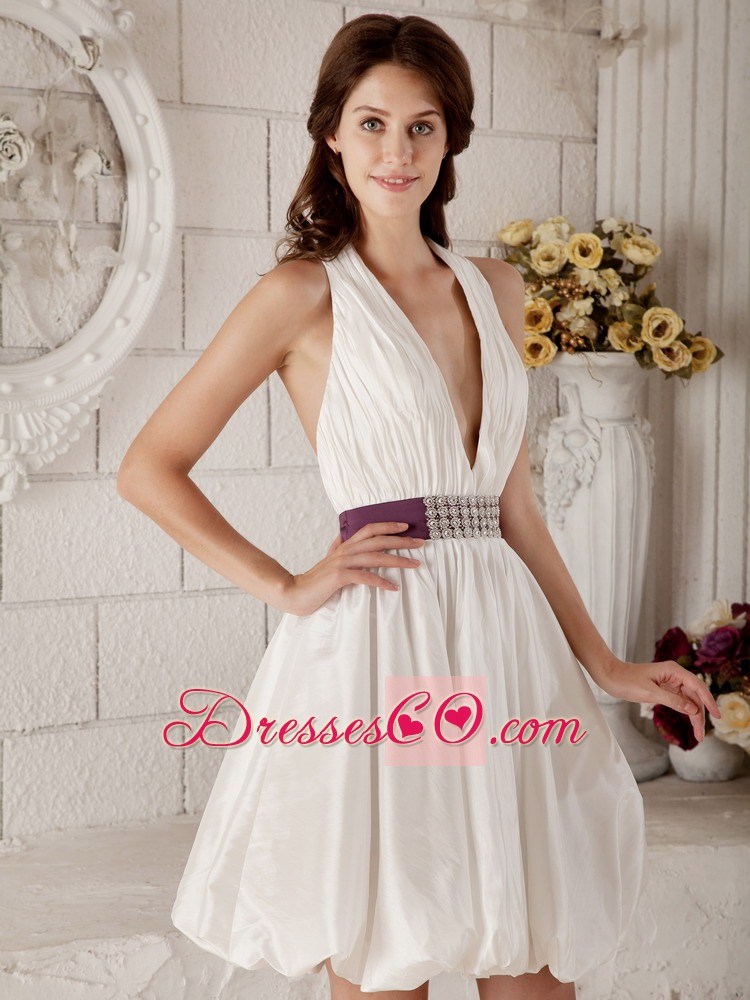 Brand New A-line / Princess Halter Mini-length Taffeta Beading Wedding Dress