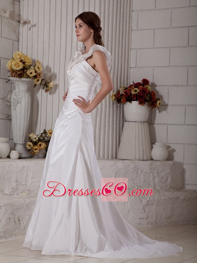 Brand New A-line V-neck Brush Train Taffeta Ruching Wedding Dress
