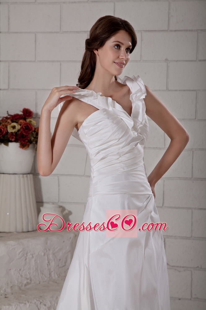 Brand New A-line V-neck Brush Train Taffeta Ruching Wedding Dress