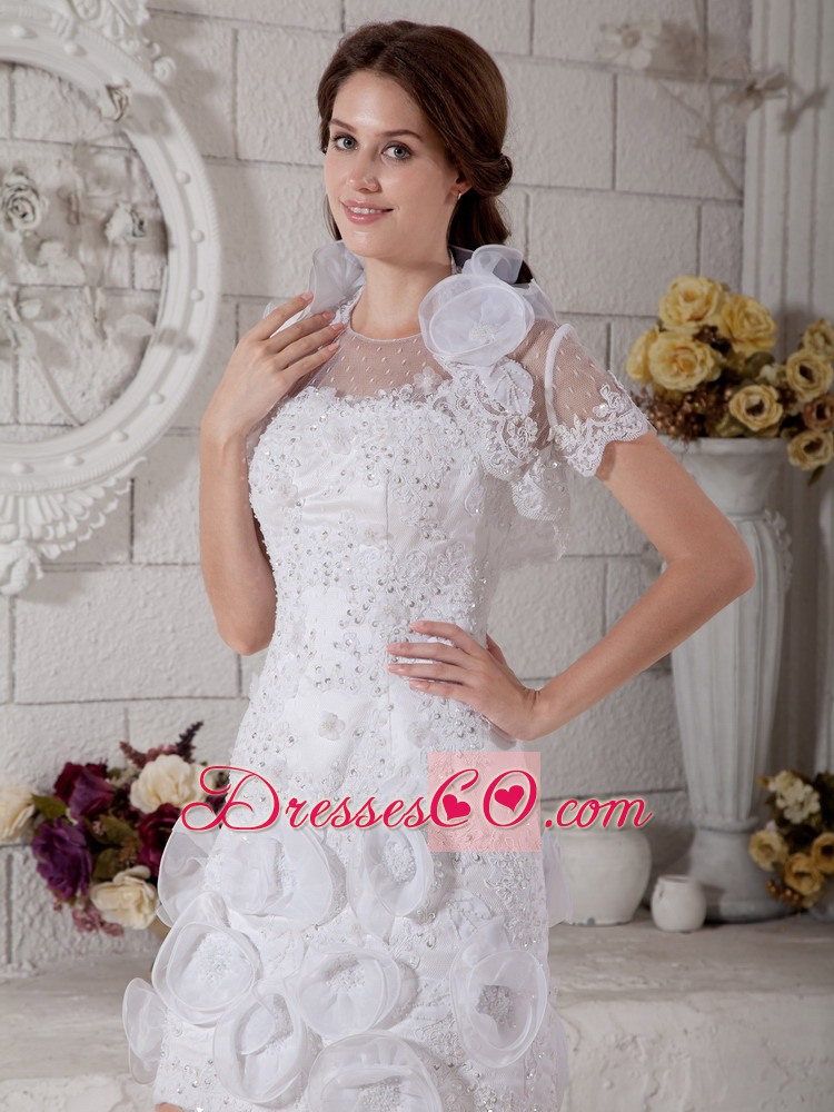 The Most Popular Column Scoop Mini-length Tulle Beading And Hand Made Flowers Wedding Dress