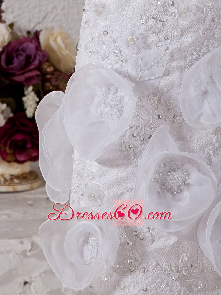The Most Popular Column Scoop Mini-length Tulle Beading And Hand Made Flowers Wedding Dress