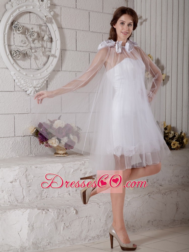 Popular Column Strapless Mini-length Tulle Hand Made Flowers Wedding Dress