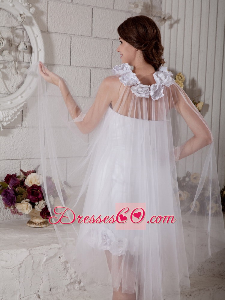 Popular Column Strapless Mini-length Tulle Hand Made Flowers Wedding Dress