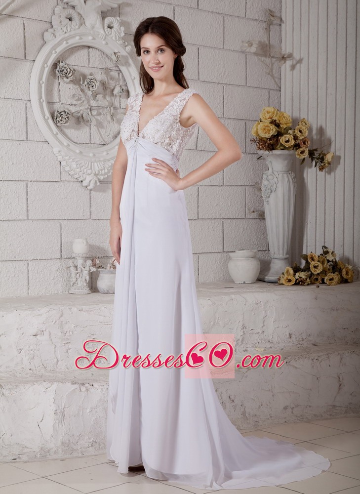 Simple Empire V-neck Brush Train Chiffon Lace Wedding Dress