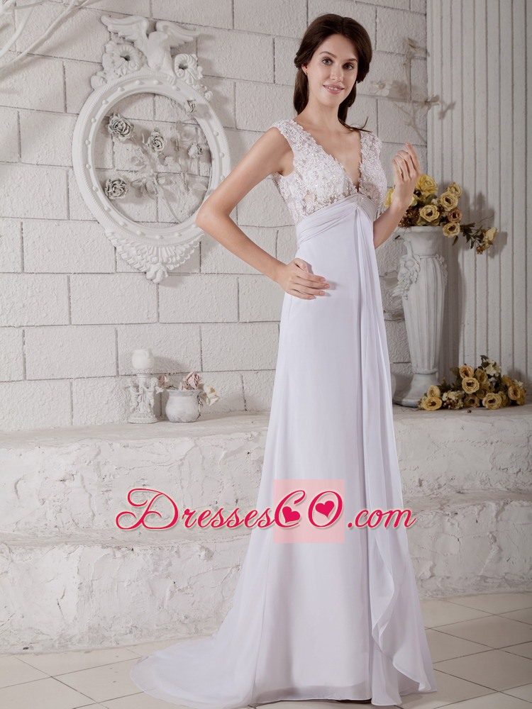 Simple Empire V-neck Brush Train Chiffon Lace Wedding Dress