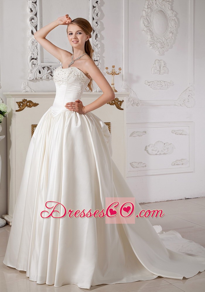 Exquisite A-line Court Train Taffeta Beading Wedding Dress