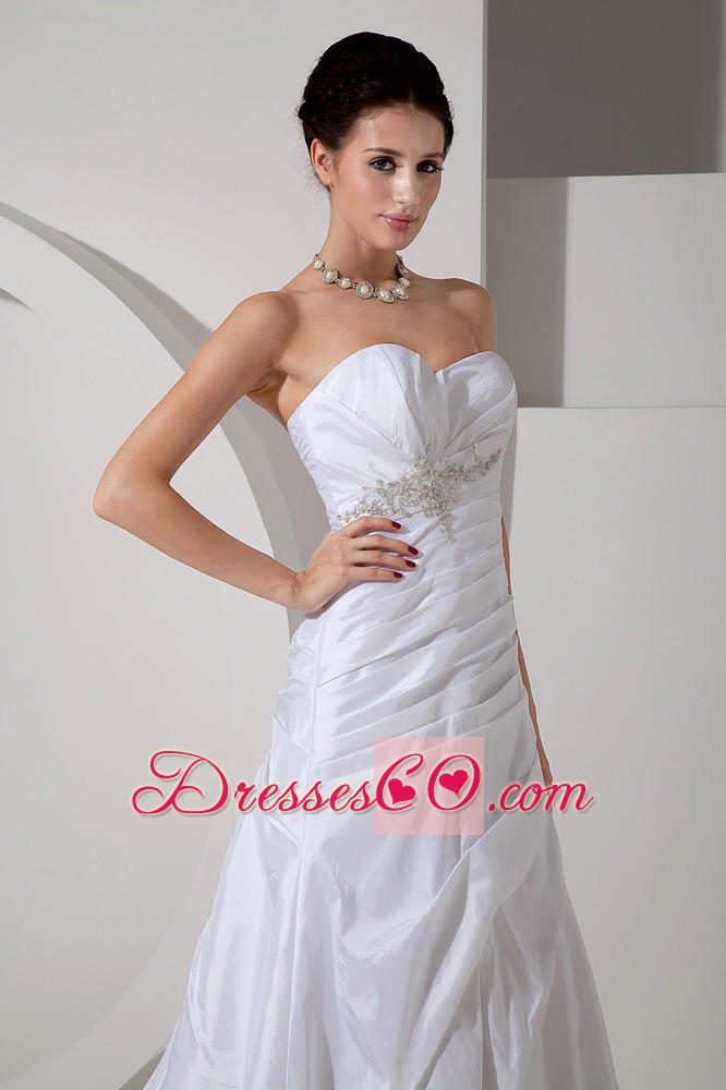 Discount A-line Court Train Taffeta Appliques and Ruched Wedding Dress