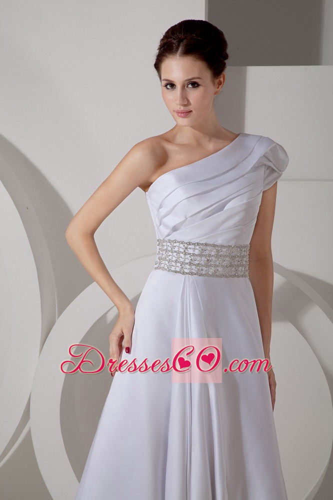 Luxurious A-line One Shoulder Court Train Satin Belt Wedding Dress
