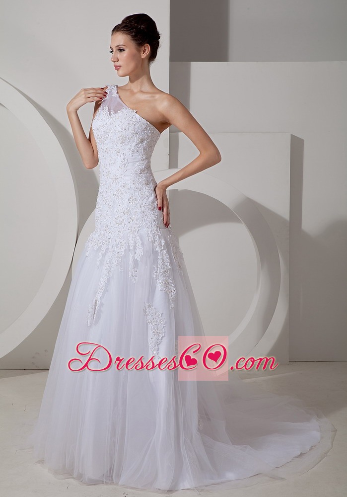 Lovely A-line One Shoulder Court Train Tulle Lace Wedding Dress