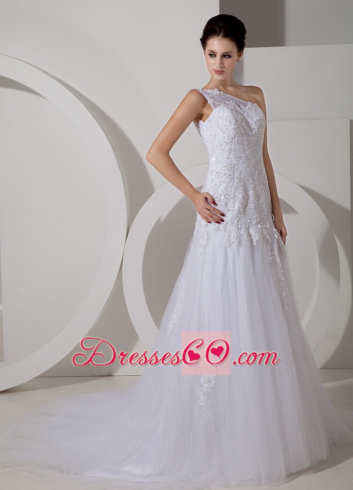 Lovely A-line One Shoulder Court Train Tulle Lace Wedding Dress