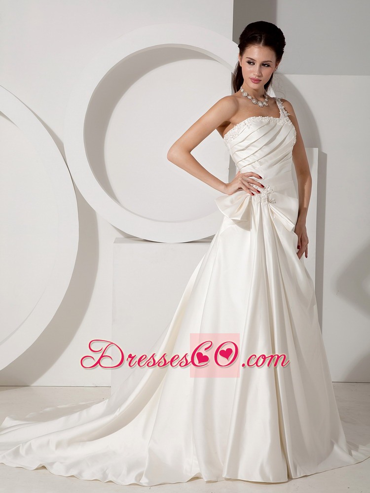 Informal A-line One Shoulder Court Train Satin Appliques and Ruched Wedding Dress