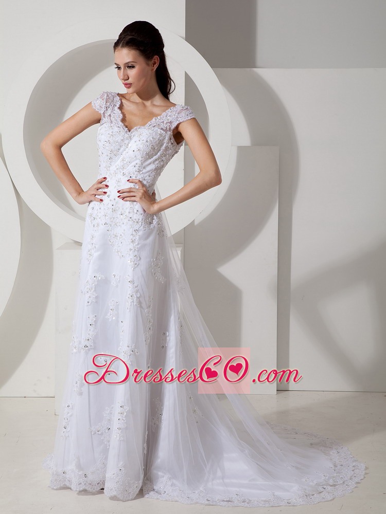 Modest Column V-neck Court Train Lace Beading Wedding Dress