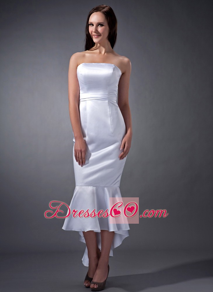 White Mermaid Straoless Tea-length Satin Ruched Wedding Dress