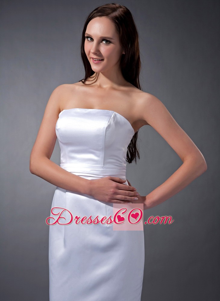 White Mermaid Straoless Tea-length Satin Ruched Wedding Dress