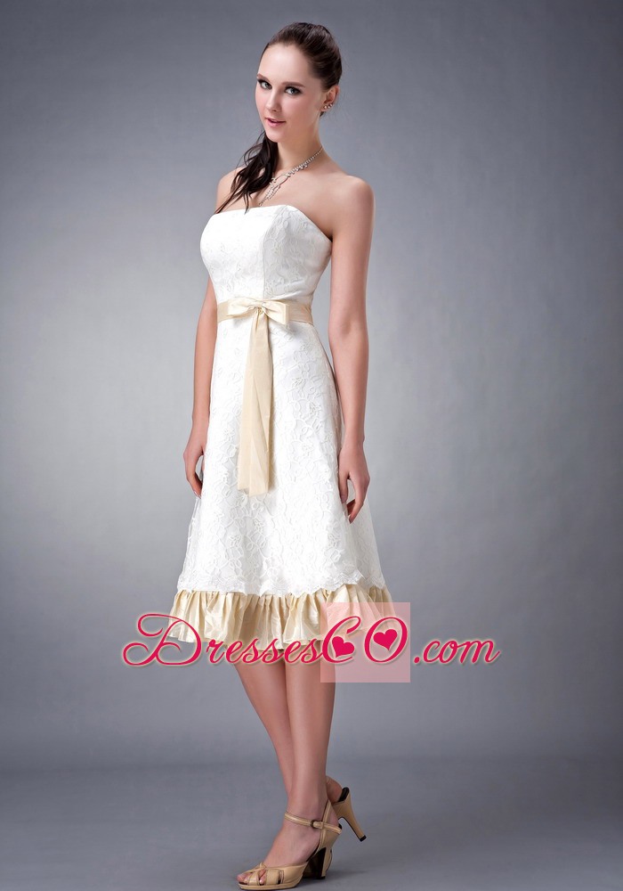 White And Champagne A-line / Princess Strapless Tea-length Lace Sash Bridesmaid Dress
