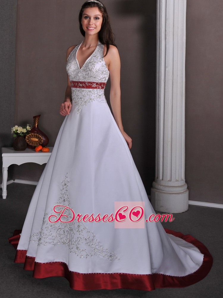 Luxurious A-line Halter Chapel Train Satin Appliques With Beading Wedding Dress