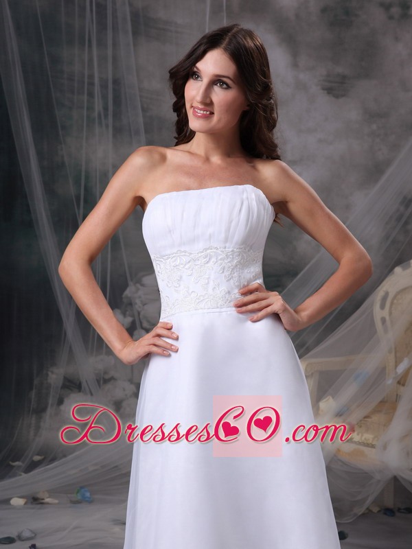 White A-line Strapless Tea-length Satin Beading And Ruched Wedding Dress