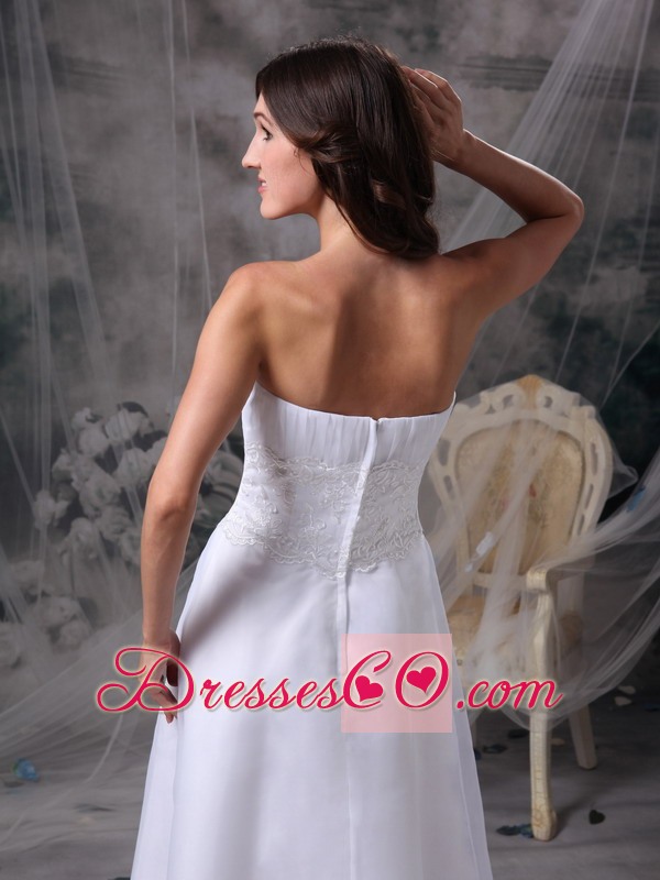 White A-line Strapless Tea-length Satin Beading And Ruched Wedding Dress