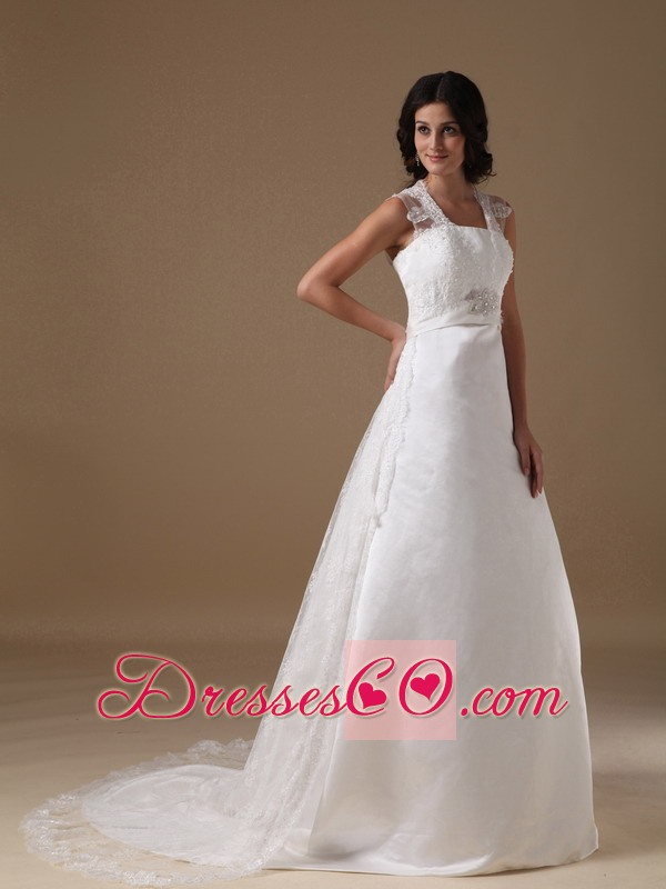 Beautiful A-line Square Court Train Taffeta and Lace Beading Wedding Dress