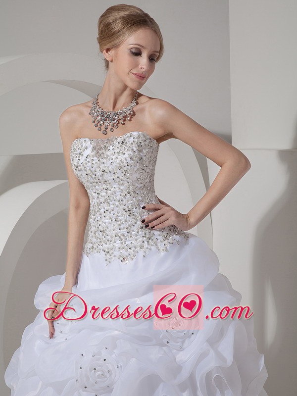 Popular A-line Strapless Court Train Organza Beading and Hand Made Flowers Wedding Dress