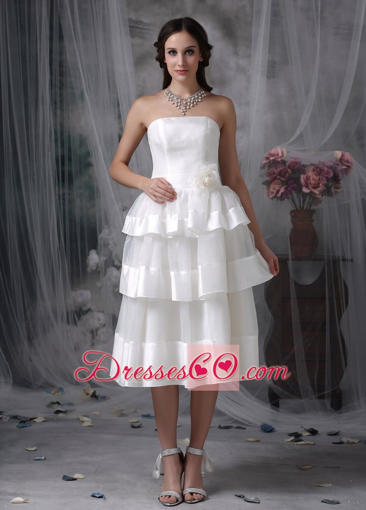 Beautiful Empire Strapless Tea-length Organza Hand Made Flower Wedding Dress