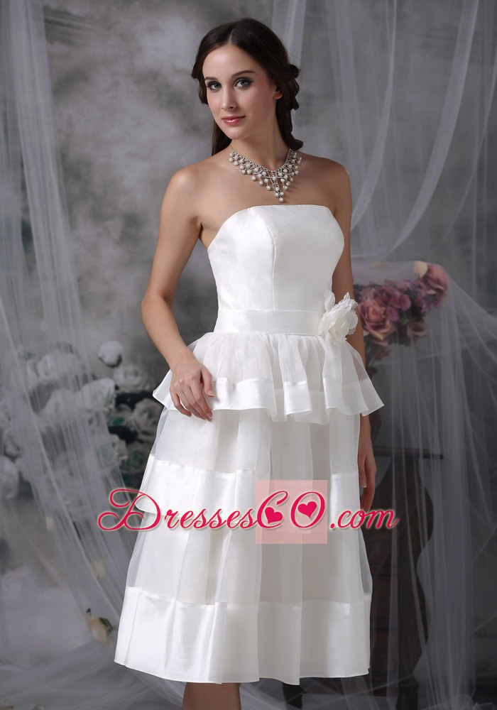 Beautiful Empire Strapless Tea-length Organza Hand Made Flower Wedding Dress
