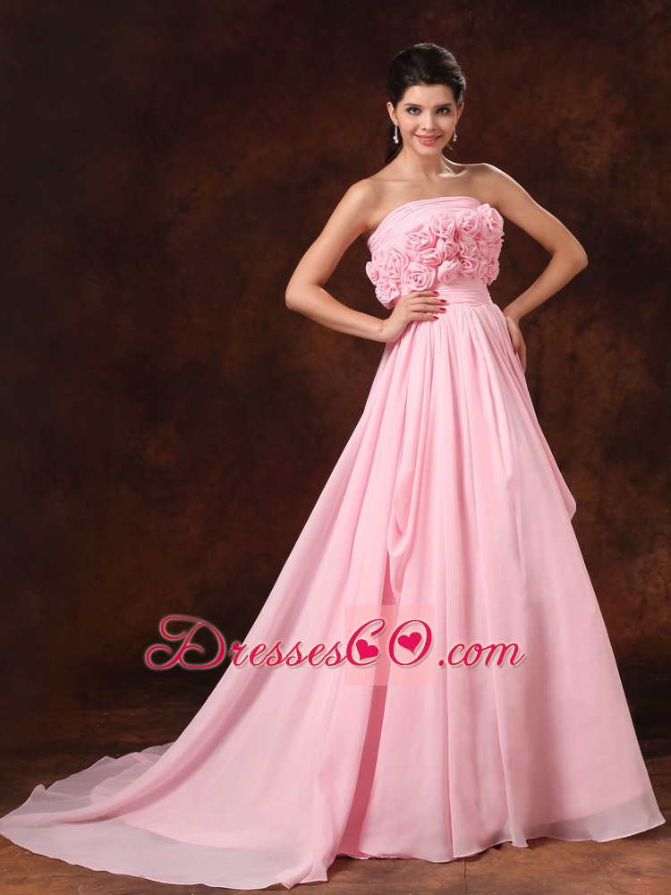 Hand-Made Flower Strapless Pink Empire Chiffon Court Train Wedding Dress