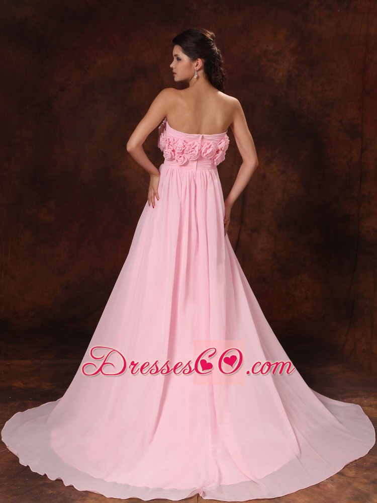 Hand-Made Flower Strapless Pink Empire Chiffon Court Train Wedding Dress