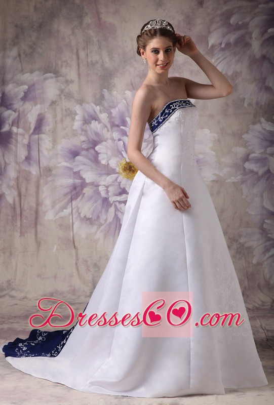 Beautiful A-line Strapless Chapel Train Satin Embroidery Wedding Dress
