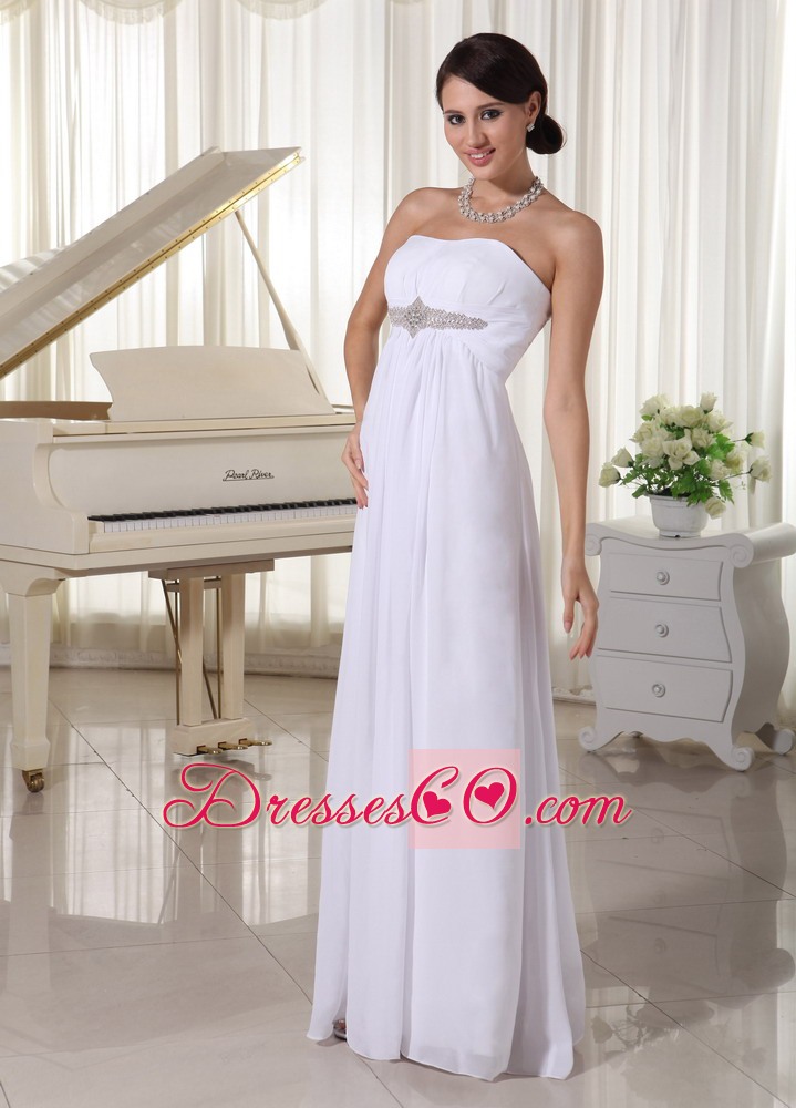 White Beaded Chiffon Simple Wedding Dress Empire Long