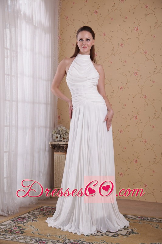 White Empire High-neck Long Organza Pleat Prom Dress