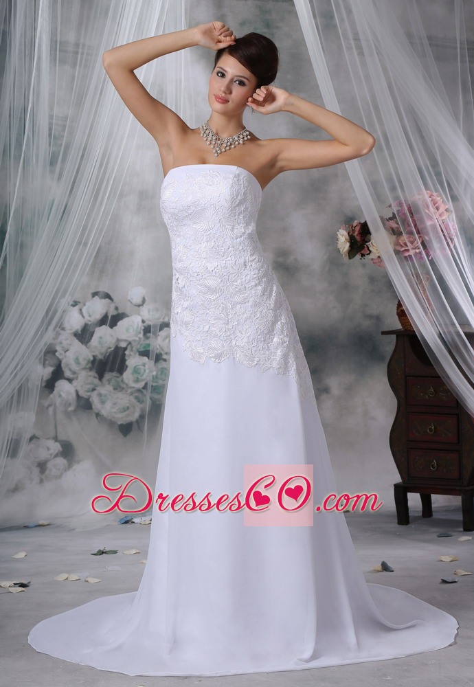 Lace Decorate Bodice Strapless Court Train Chiffon Wedding Dress For 2013