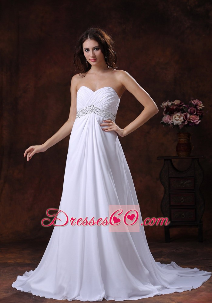 Beaded Decotare Waist White Wedding Dress With Brush Train