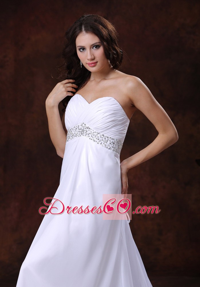 Beaded Decotare Waist White Wedding Dress With Brush Train