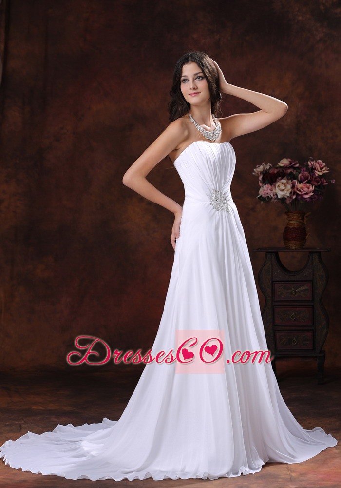 Chiffon White Beaded Decorate Wedding Dress With Brush Train