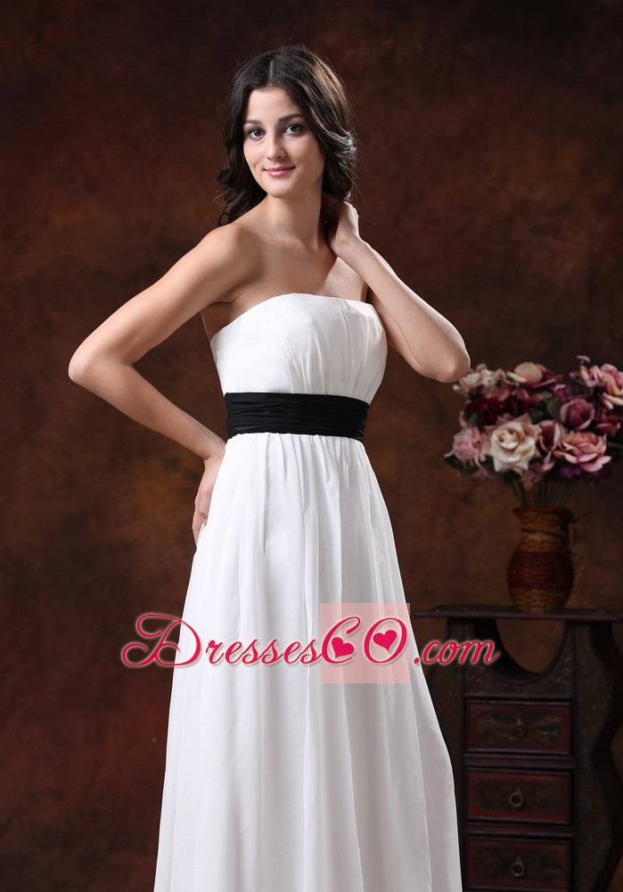 Custom Made White Chiffon Brush Train Wedding Dress With Black Belt Decorate