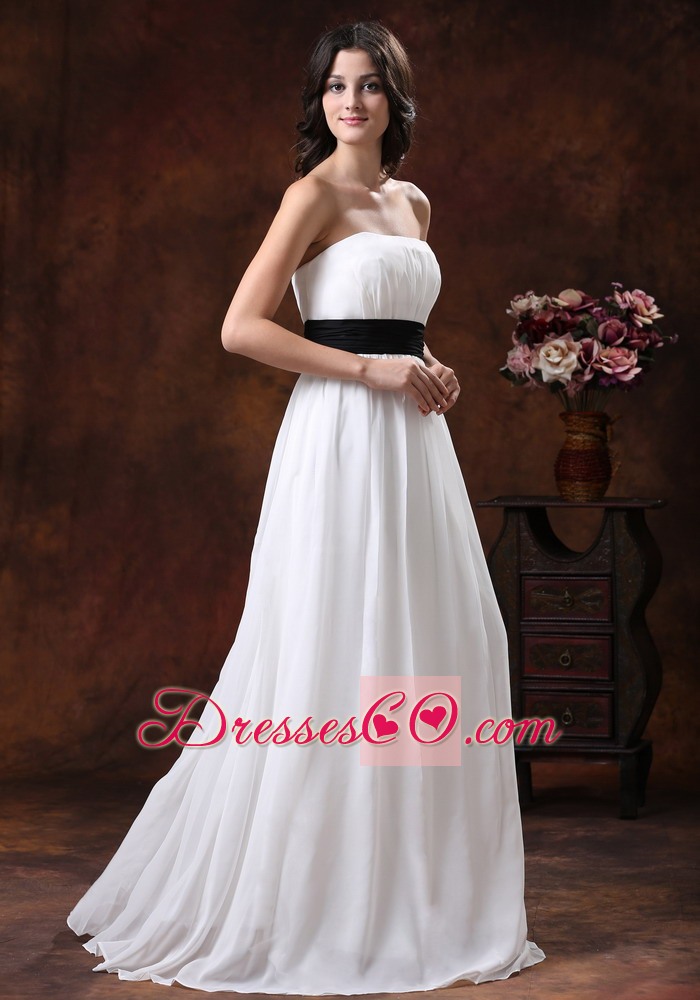 Custom Made White Chiffon Brush Train Wedding Dress With Black Belt Decorate