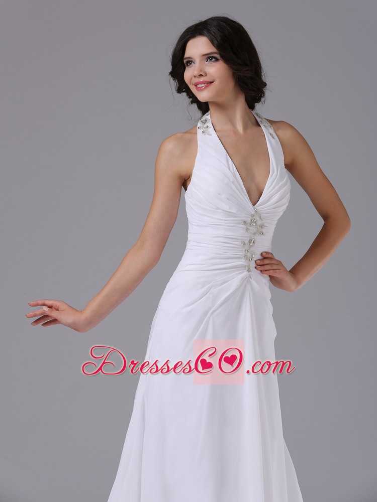 Halter Beading Chapel Train Wedding Dress With Ruched Bodice