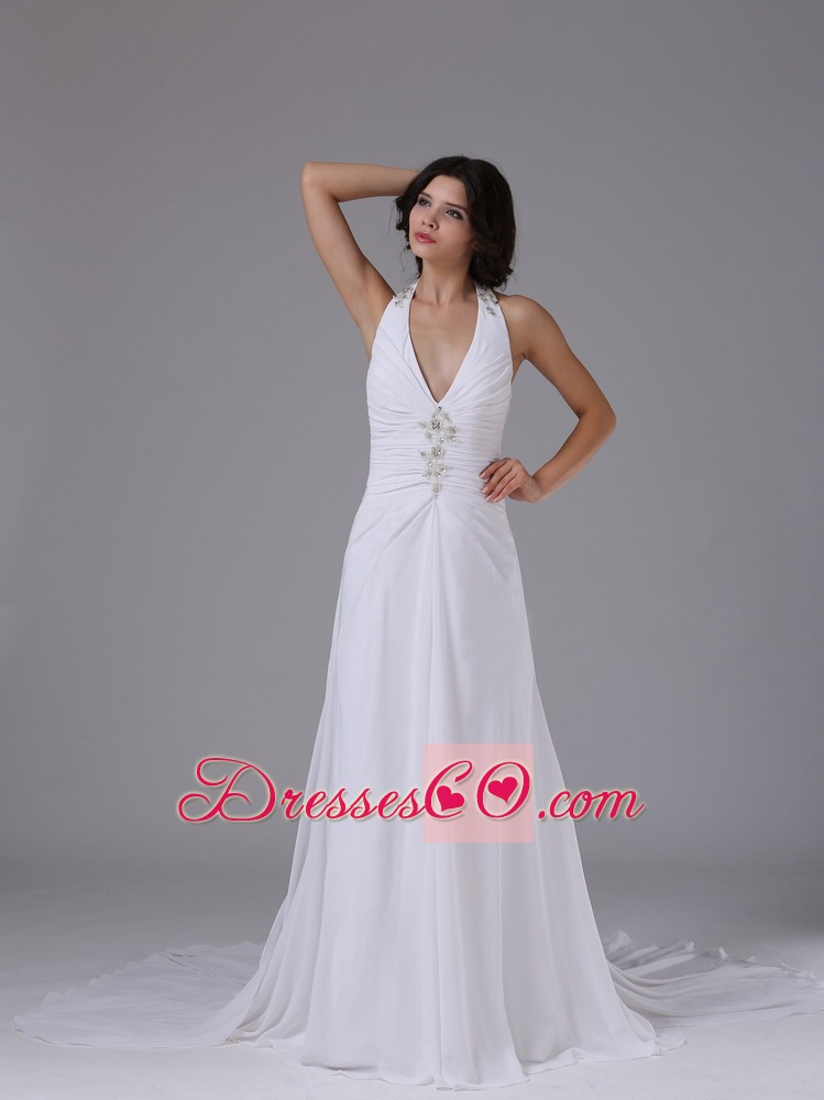 Halter Beading Chapel Train Wedding Dress With Ruched Bodice