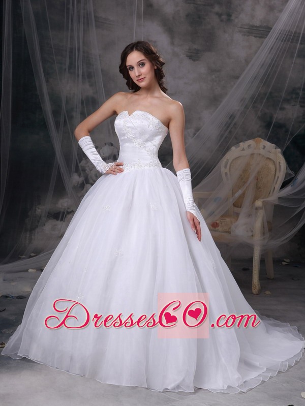 White A-line Strapless Brush Train Satin and Organza Embroidery Wedding Dress