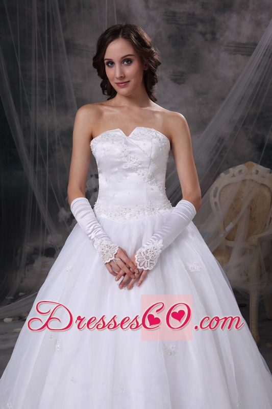White A-line Strapless Brush Train Satin and Organza Embroidery Wedding Dress